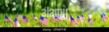 American Flags In Grass - Defocused Abstract Memorial Day background Stock Photo