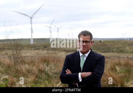 Cop26 President, Alok Sharma at Whitelee Windfarm near Glasgow, ahead of the United Nations climate change summit. Picture date: Friday May 14, 2021. Stock Photo