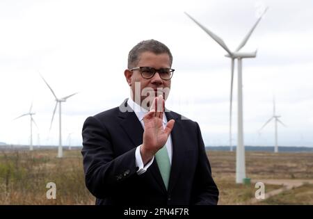 Cop26 President, Alok Sharma rehearses a speech at Whitelee Windfarm near Glasgow, ahead of the United Nations climate change summit. Picture date: Friday May 14, 2021. Stock Photo
