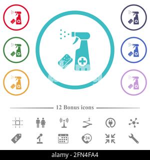 Disinfection spray and sponge flat color icons in circle shape outlines. 12 bonus icons included. Stock Vector