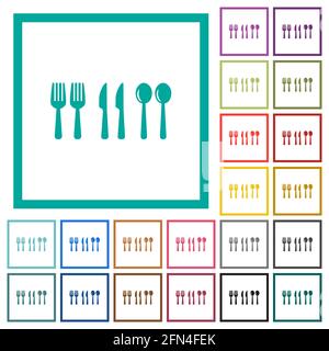 Flatware flat color icons with quadrant frames on white background Stock Vector