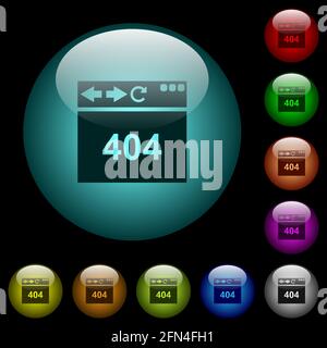 Browser 404 page not found icons in color illuminated spherical glass buttons on black background. Can be used to black or dark templates Stock Vector
