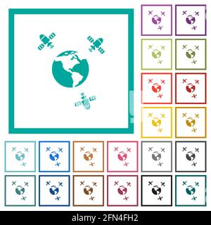 Satellite communication flat color icons with quadrant frames on white background Stock Vector