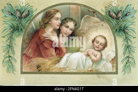 religion, kitsch, sleeping infant Jesus guarded by angels, picture postcard, 19th century, ADDITIONAL-RIGHTS-CLEARANCE-INFO-NOT-AVAILABLE Stock Photo