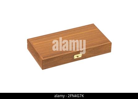 Wooden box with a metal lock. Drawer made of light wood and dark upholstered interior for storing valuables. Isolate on a white background. Stock Photo