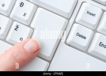 Business Lady Pointer Pressing Keybord Keys, Hand Touching Console Buttons, Gentle Man Finger Showing Click Here, Start Messeging Update Stock Photo