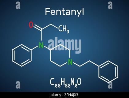 Fentanyl molecule. It is opioid analgesic. Structural chemical formula and molecule model on the dark blue background. Vector illustration Stock Vector