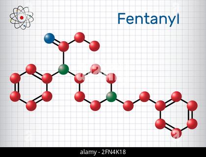 Fentanyl molecule. It is opioid analgesic. Structural chemical formula and molecule model. Sheet of paper in a cage.Vector illustration Stock Vector