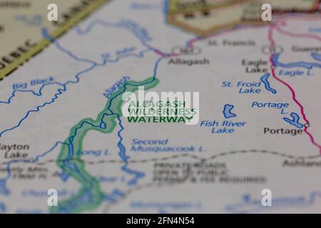 Allagash wilderness waterway Maine USA shown on a Geography map or road map Stock Photo