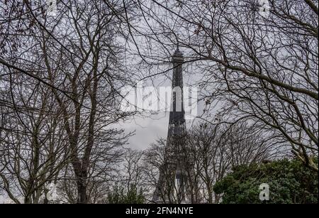 Eiffel Tower seen through trees from Trocadéro Gardens in winter Stock Photo