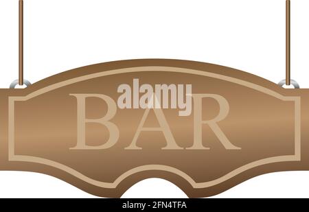 Bar signboard. Curly wooden signboard hanging on the ropes. Vector illustration isolated on white. EPS 10 Stock Vector