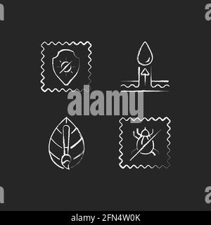Fabric quality characteristics chalk white icons set on black background Stock Vector