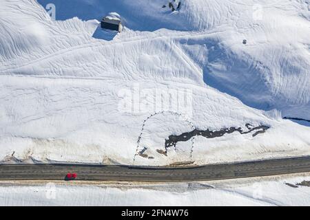 Aerial view of the Pla de Beret meadows in winter. Source of the river Garonne. (Aran Valley, Catalonia, Spain, Pyrenees) Stock Photo