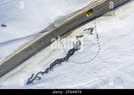 Aerial view of the Pla de Beret meadows in winter. Source of the river Garonne. (Aran Valley, Catalonia, Spain, Pyrenees) Stock Photo