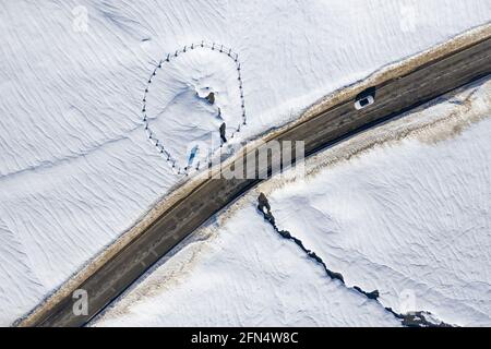 Aerial view of the Pla de Beret meadows in winter. Source of the river Noguera Pallaresa (Aran Valley, Catalonia, Spain, Pyrenees) Stock Photo