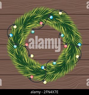 Wreath of Christmas tree branches with a garland on the background of boards. Stock Vector