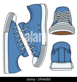 Set of vector illustrations with colored sneakers. Isolated objects on white. Stock Vector