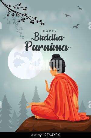 Happy Vesak Day, Buddha Purnima wishes greetings with buddha and lotus illustration. Can be used for poster, banner, logo, background, greetings, prin Stock Vector