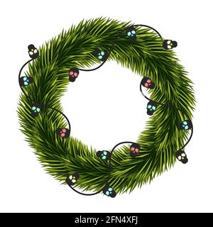Wreath of Christmas tree branches with a garland of skulls. Stock Vector