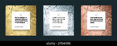 Three Social media design quote layout template. Square qotation presentations with metallic golden silver and bronze pattern frames and white content Stock Vector
