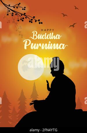 Happy Vesak Day, Buddha Purnima wishes greetings with buddha and lotus illustration. Can be used for poster, banner, logo, background, greetings, prin Stock Vector