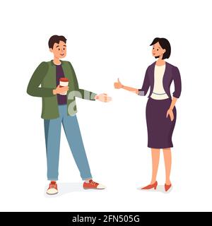 A man with a cup of coffee and a woman in a suit are talking. Working or friendly meeting. Happy people communicate and encourage each other Stock Vector