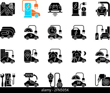 Electric vehicle charging black glyph icons set on white space Stock Vector