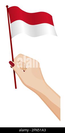 Female hand gently holds small flag of Monaco. Holiday design element. Cartoon vector on white background Stock Vector