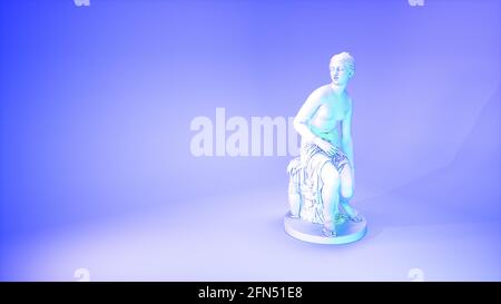 Vaporwave aesthetics ancient statue in vibrant blue lights in empty room. 3D illustration Stock Photo