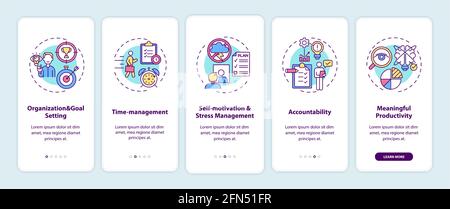 Self-management skills onboarding mobile app page screen with concepts Stock Vector