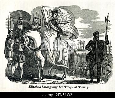 Elizabeth haranguing her Troops at Tilbury from the book History of England : with separate historical sketches of Scotland, Wales, and Ireland; from the invasion of Julius Cæsar until the accession of Queen Victoria to the British throne. By Russell, John, A. M., Published in Philadelphia by Hogan & Thompso in 1844 Stock Photo