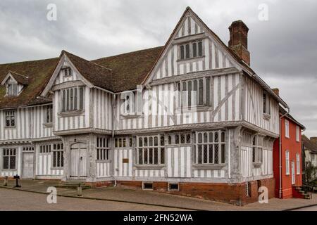 Once centre of the East Anglia Woollen Cloth trade, the Guildhall in Lavenham, Suffolk, dates from around 1529, once home of Guild of Corpus Christi. Stock Photo