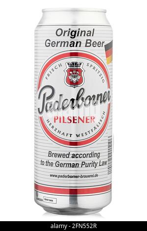 KYIV, UKRAINE - April 26, 2021: Can Paderborner Pilsener beer isolated on white. Insulated packaging for catalog. Alcoholic beverage. File contains cl Stock Photo