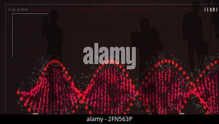 Composition of dna strand and data processing over people silhouettes on brown background Stock Photo