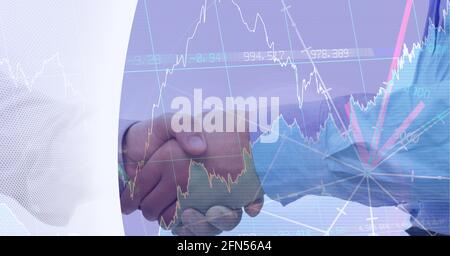 Financial data processing against mid section of two businessmen shaking hands Stock Photo
