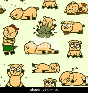Pigs and piglets. Seamless illustration. Cartoon sketch style. Hand outline drawing cheerful funny animal. vector Stock Vector