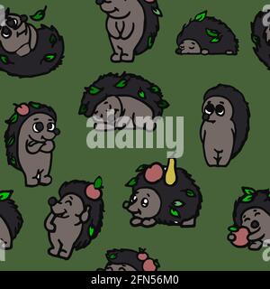 Cheerful funny hedgehog. Seamless illustration. Cartoon sketch style. Hand outline drawing of animal. vector Stock Vector