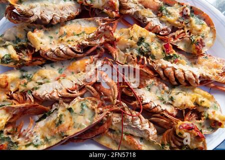 Lobster Thermidor; several lobsters served on a bone china plate with shallots, mustard, herbs and parmesan; UK Stock Photo