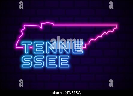 tennessee US state glowing neon lamp sign Realistic vector illustration Blue brick wall glow Stock Vector