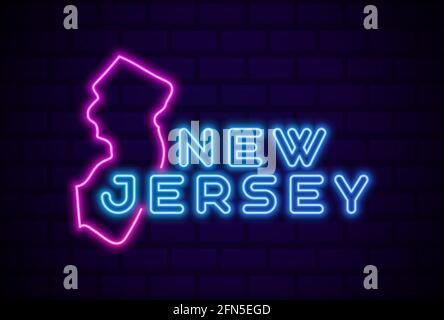 new jersey US state glowing neon lamp sign Realistic vector illustration Blue brick wall glow Stock Vector