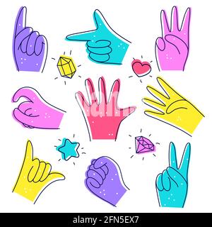Set of cute Diverse Hands. Illustration in doodle style. Designation of numbers with hands, gestures isolated on white. Flat design. Hand drawn trendy Vector illustration. Stock Vector