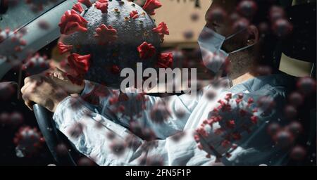 Composition of covid 19 cells floating over man in face mask Stock Photo