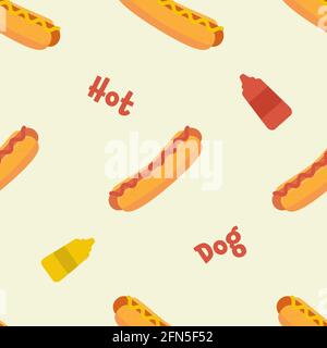 National Hot Dog Day vector seamless pattern with different hotdogs. Stock Photo