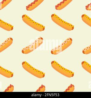 National Hot Dog Day vector seamless pattern with different hotdogs. Stock Photo