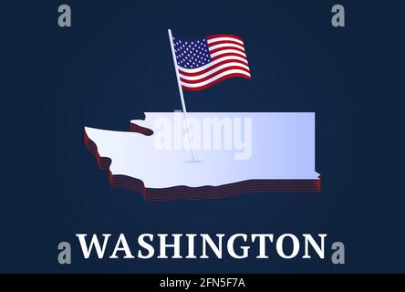 Isometric map and flag of Washington. 3D isometric shape of Washington ...