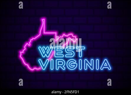 west virginia US state glowing neon lamp sign Realistic vector illustration Blue brick wall glow Stock Vector