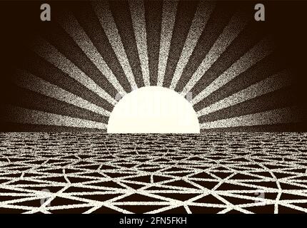 Retro dotwork landscape with 80s styled sun rays, laser grid and stars background from old sci-fi book or poster Stock Vector