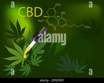 CBD hemp oil with green medical marijuana leaves on dark vector background. Chemical formula of Cannabidiol. Beautiful banner of green cannabis flower Stock Vector