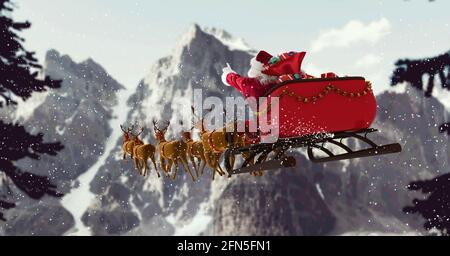 Composition of santa claus in sleigh pulled by reindeer over mountains background Stock Photo