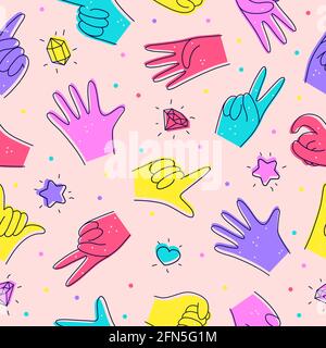 Seamless pattern with Diverse Hands. Illustration in doodle style. Designation of numbers with hands, gestures. Flat design. Hand drawn trendy Vector illustration. For printing on fabrics, wallpapers. Stock Vector